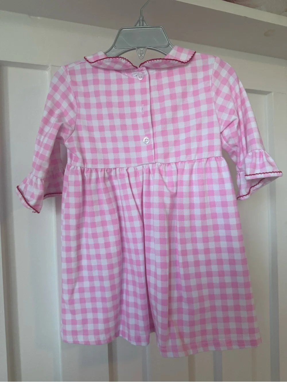 Classic Pink Gingham Nightgown with Santa Pocket Appliqués